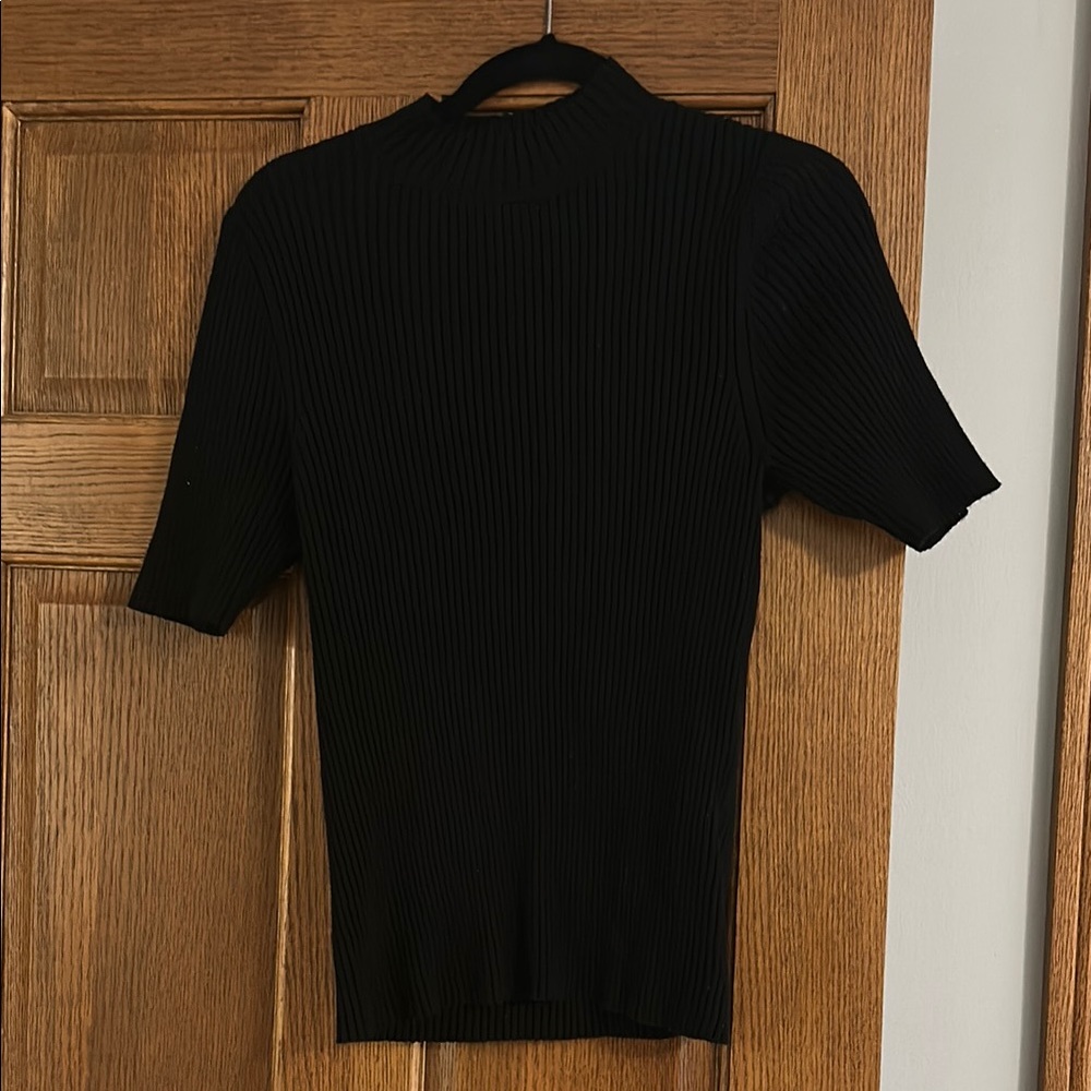 Black Ribbed Mock Turtleneck Short Sleeve Top